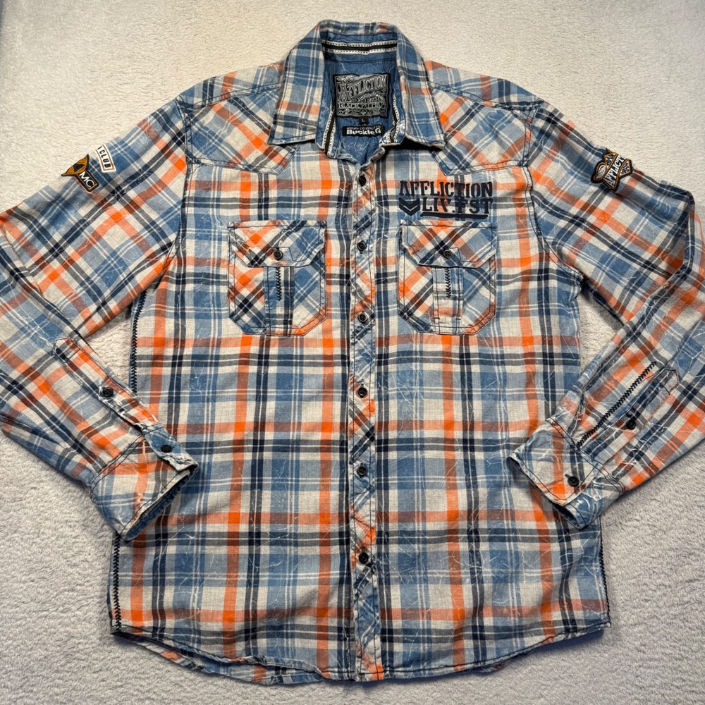 Y2K Affliction Plaid Long Sleeve Flannel‎ Shirt Mens L Embroidered Patches